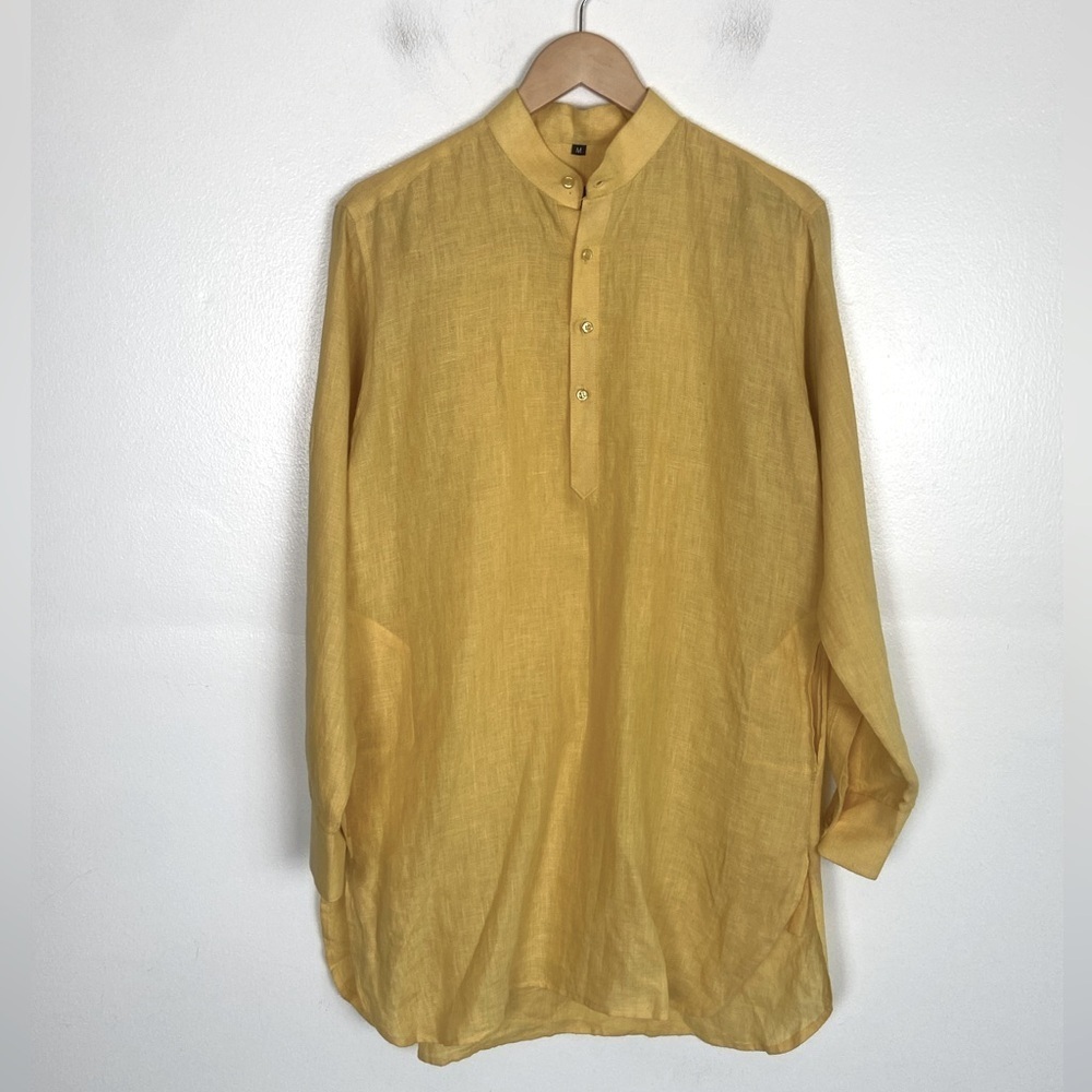 Billon Women Linen Tunic Top‎ M Yellow Side Pockets Coastal Old Money Langelook